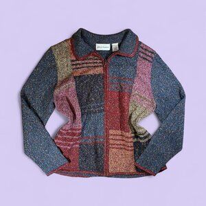 Vintage Y2K Alfred Dunner Patchwork Zip-Up Sweater S Retro Colorblock Knit
